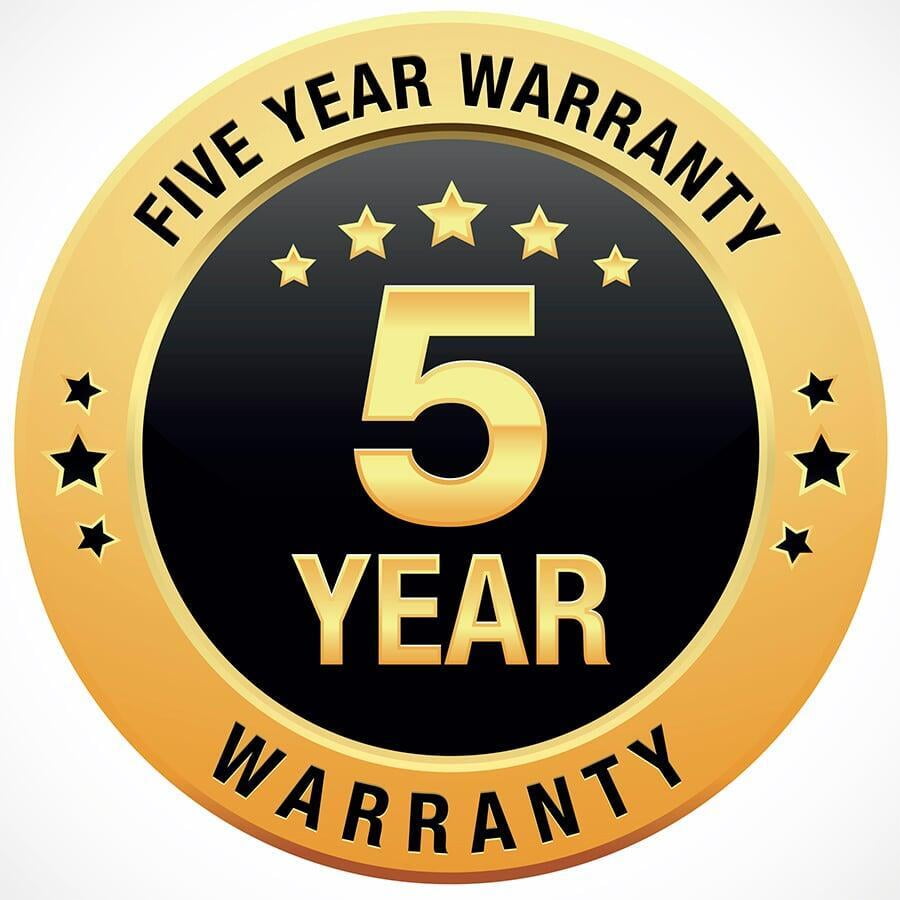 Five year warranty badge with gold chrome border