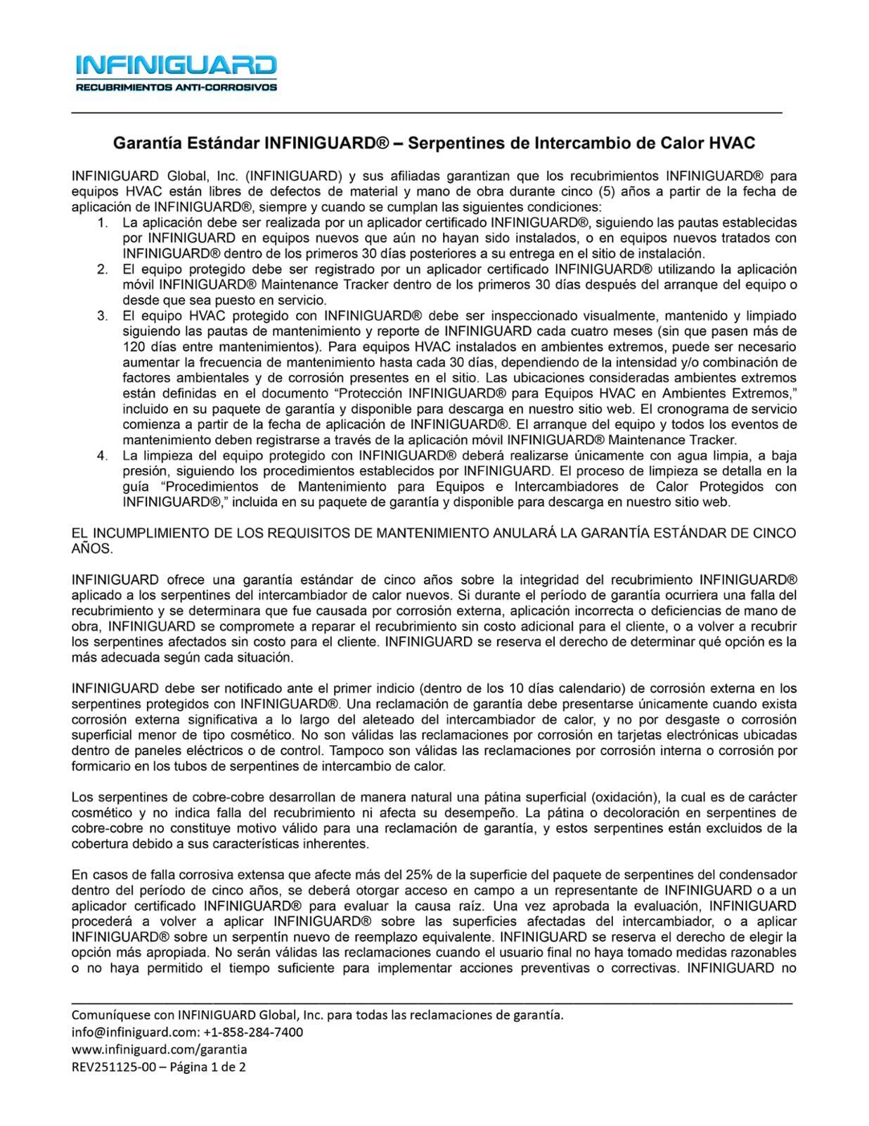 Infiniguard Garantía y Mantenimiento de 2026